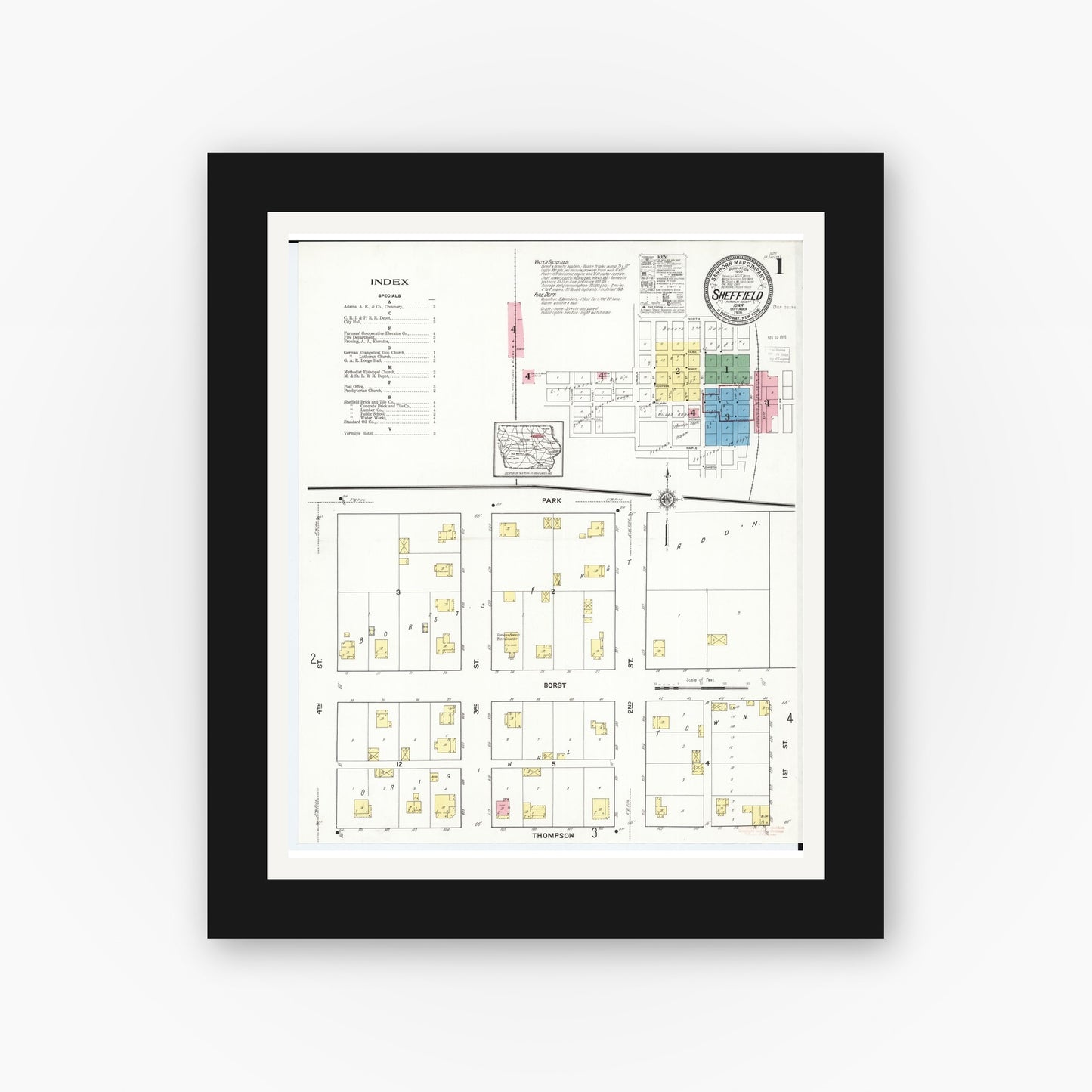 Old map wall art mockup — black gallery frame with white mat — Sanborn Fire Insurance Map from Sheffield, Franklin County, Iowa (1916) â€” Complete Set