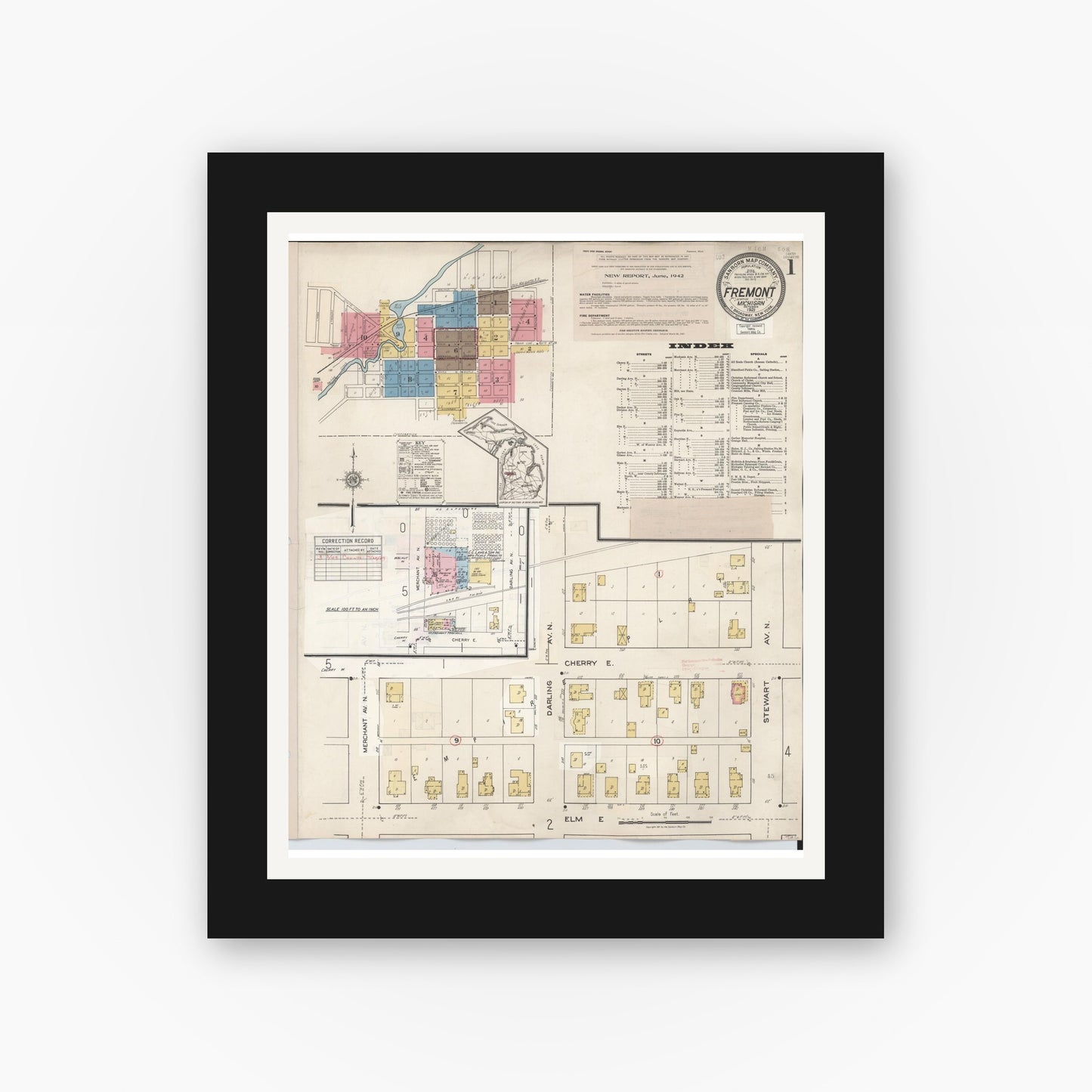 Old map wall art mockup — black gallery frame with white mat — Sanborn Fire Insurance Map from Fremont, Newaygo County, Michigan (1949), Sheet #0001