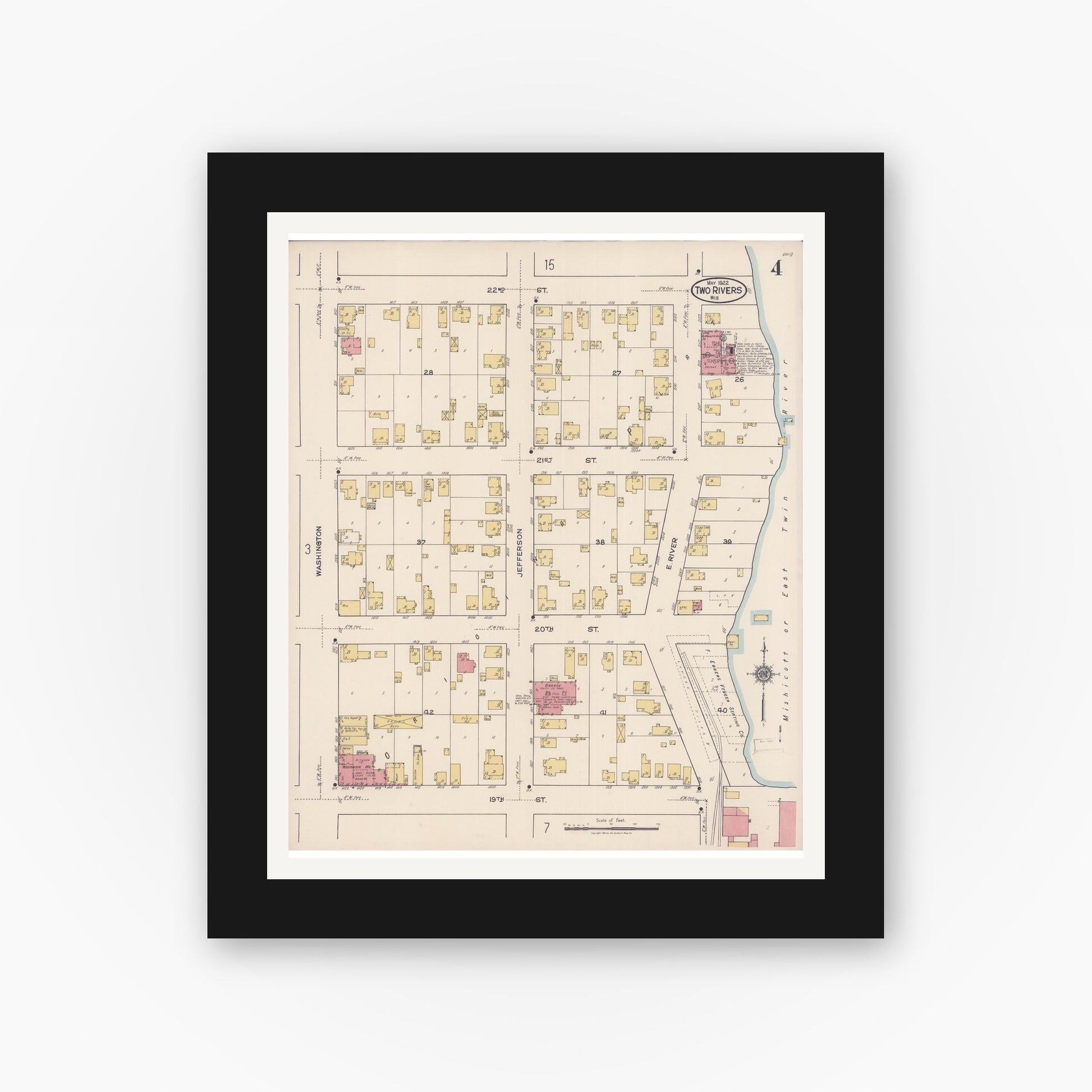 Old map wall art mockup — black gallery frame with white mat — Sanborn Fire Insurance Map from Two Rivers, Manitowoc County, Wisconsin (1922), Sheet #0004
