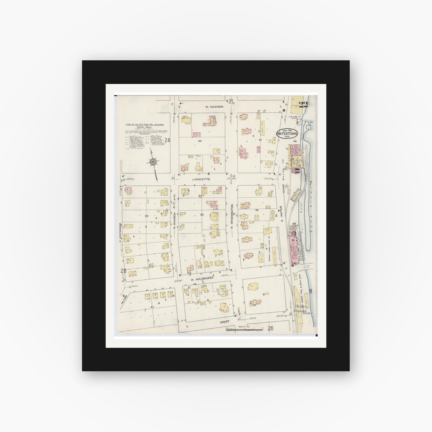 Old map wall art mockup — black gallery frame with white mat — Sanborn Fire Insurance Map from Watertown, Jefferson County, Wisconsin (1915), Sheet #0023