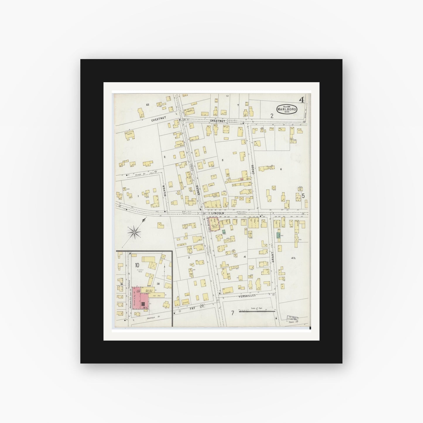 Old map wall art mockup — black gallery frame with white mat — Sanborn Fire Insurance Map from Marlborough, Middlesex County, Massachusetts (1896), Sheet #0004