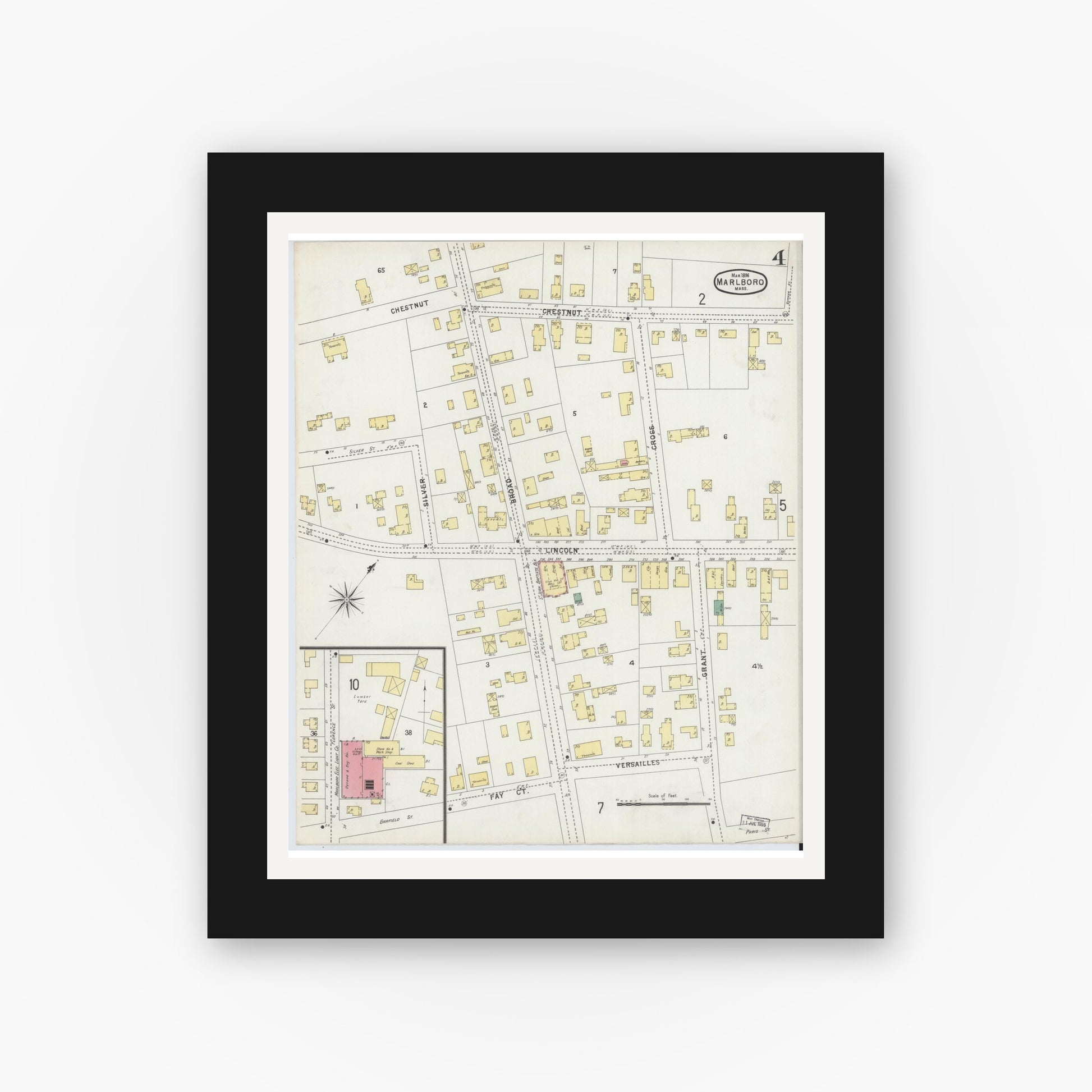Old map wall art mockup — black gallery frame with white mat — Sanborn Fire Insurance Map from Marlborough, Middlesex County, Massachusetts (1896), Sheet #0004