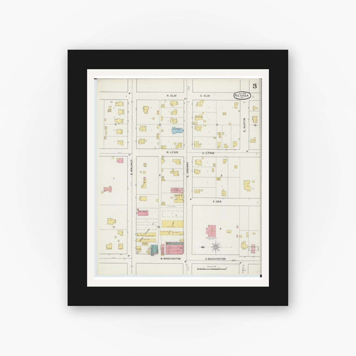 Old map wall art mockup — black gallery frame with white mat — Sanborn Fire Insurance Map from Nevada, Vernon County, Missouri (1894), Sheet #0003