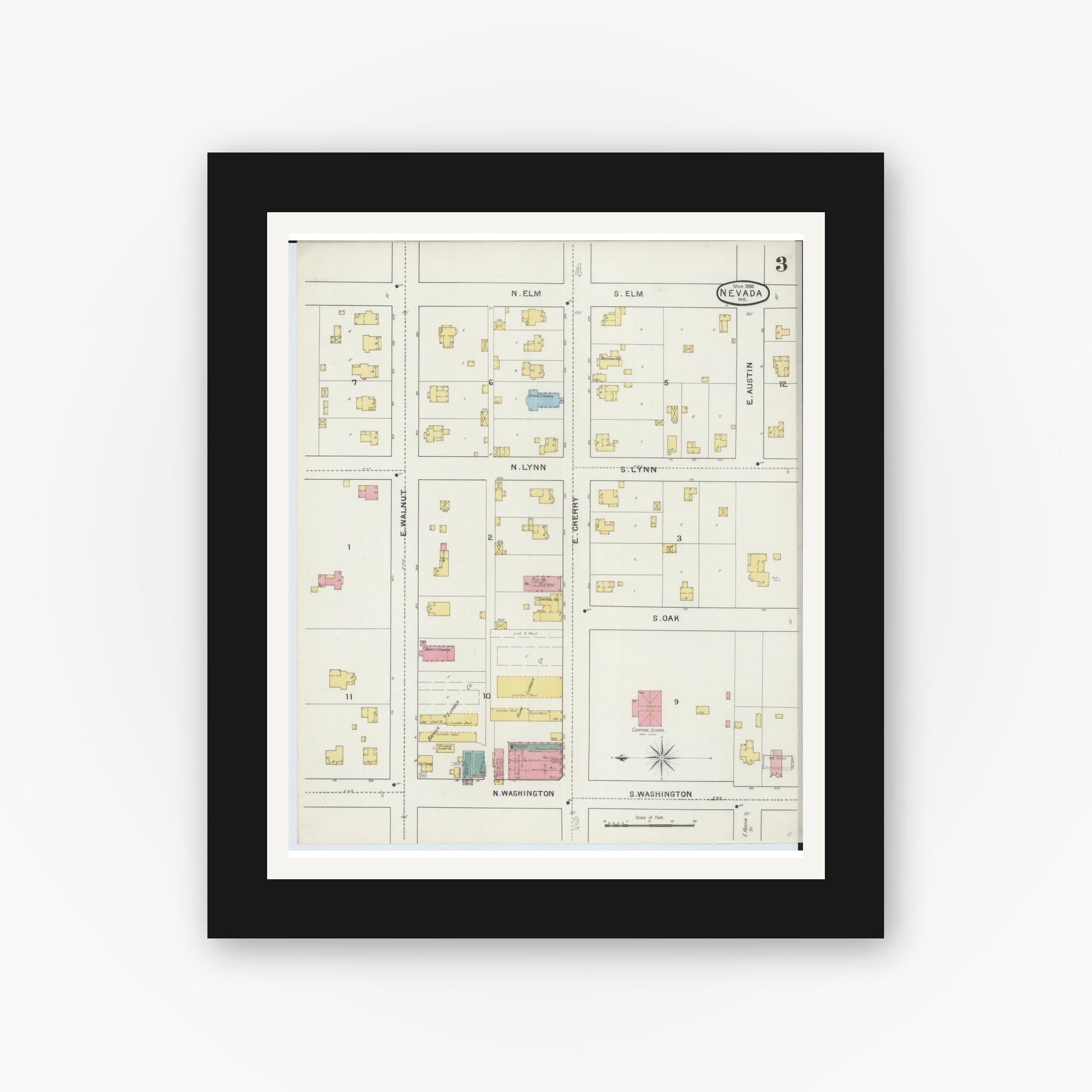Old map wall art mockup — black gallery frame with white mat — Sanborn Fire Insurance Map from Nevada, Vernon County, Missouri (1894), Sheet #0003