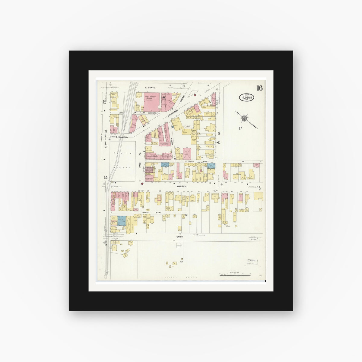 Old map wall art mockup — black gallery frame with white mat — Sanborn Fire Insurance Map from Hudson, Columbia County, New York (1911), Sheet #0016