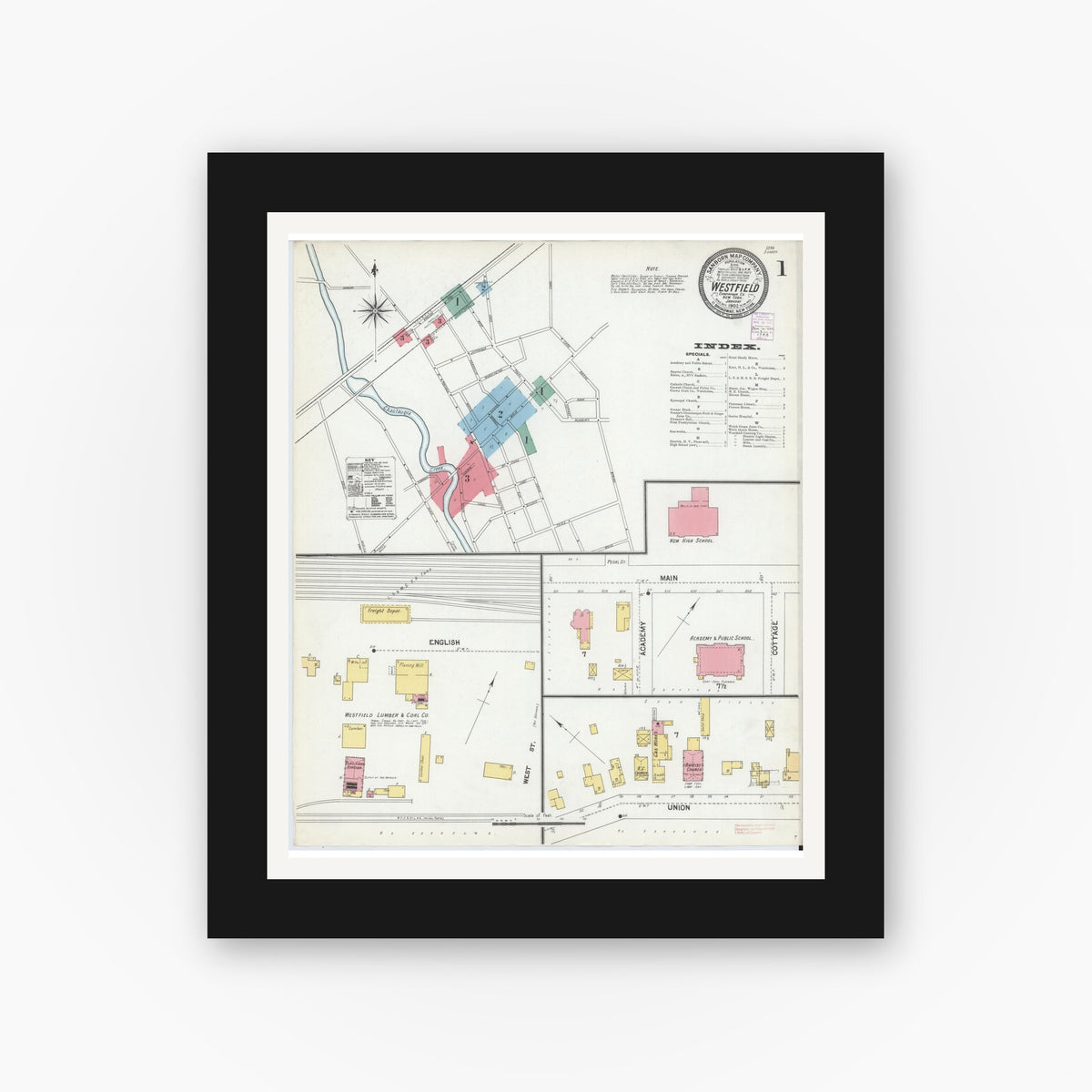 Old map wall art mockup — black gallery frame with white mat — Sanborn Fire Insurance Map from Westfield, Chautauqua County, New York (1902) - Complete Map Set