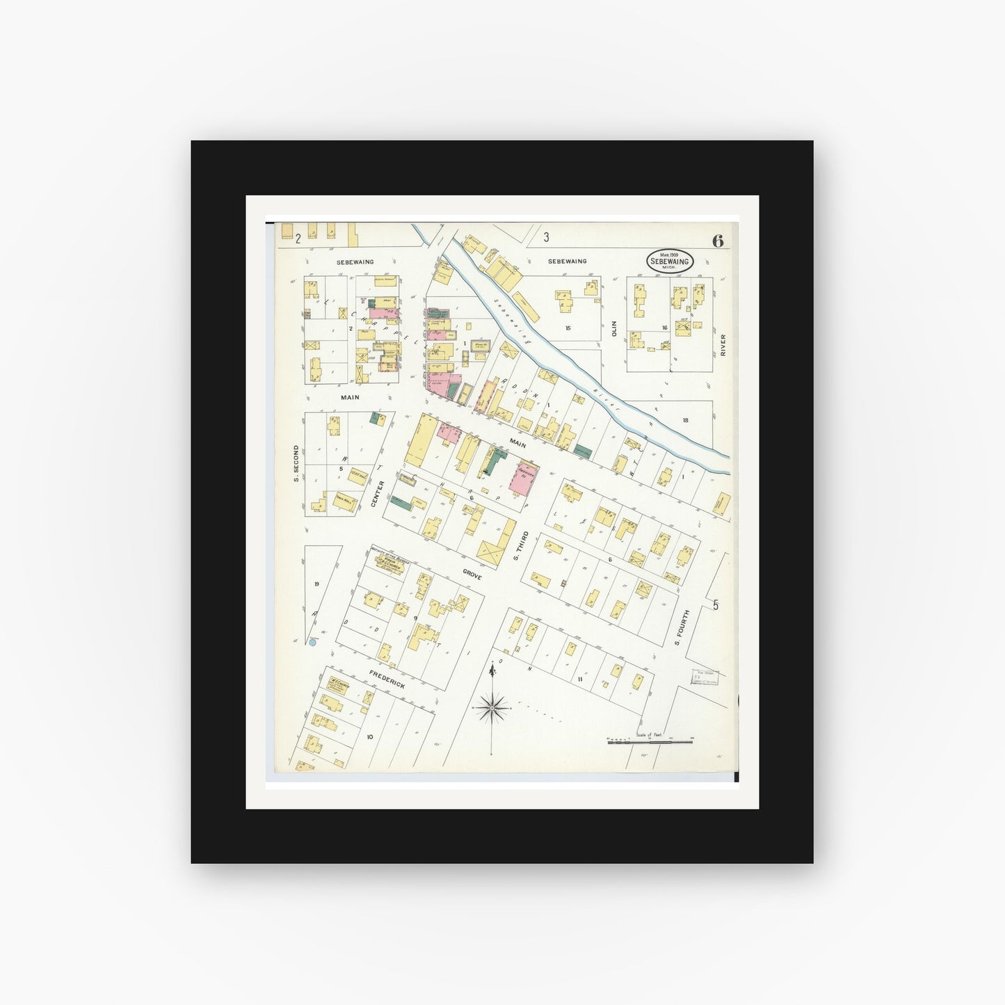 Old map wall art mockup — black gallery frame with white mat — Sanborn Fire Insurance Map from Sebewaing, Huron County, Michigan (1909), Sheet #0006
