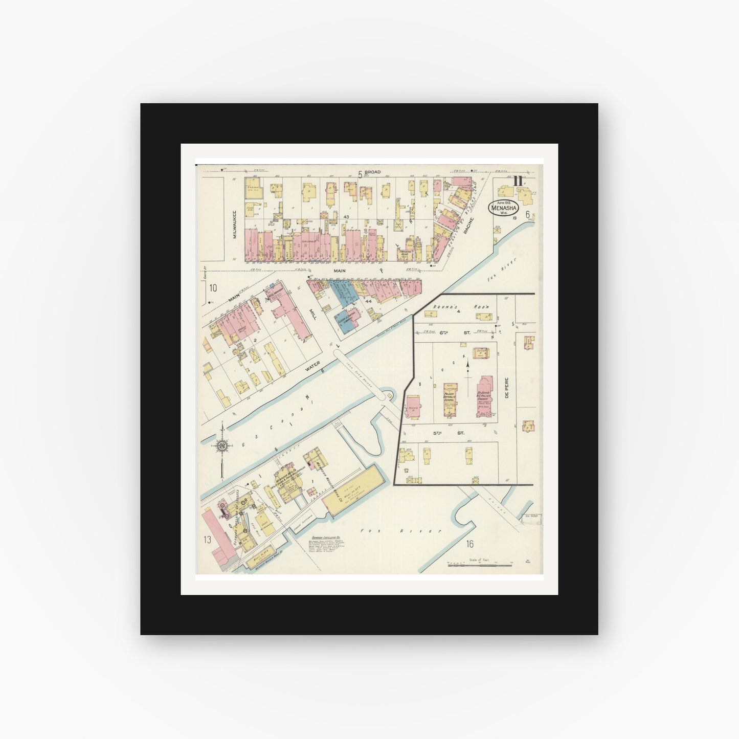 Old map wall art mockup — black gallery frame with white mat — Sanborn Fire Insurance Map from Menasha, Winnebago County, Wisconsin (1913), Sheet #0011