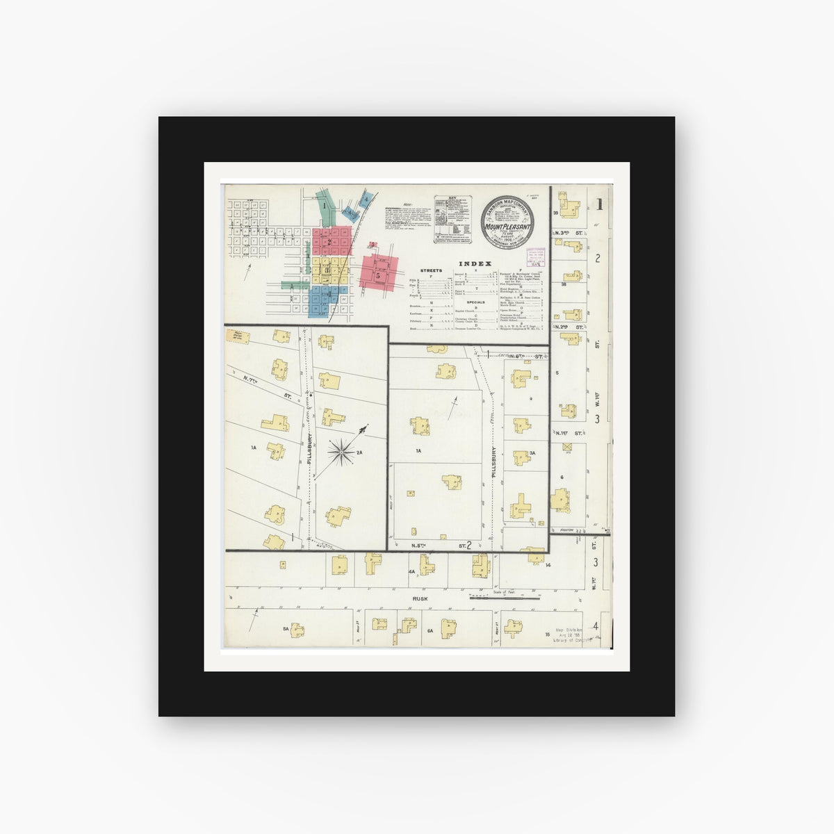 Old map wall art mockup — black gallery frame with white mat — Sanborn Fire Insurance Map from Mount Pleasant, Titus County, Texas (1906) - Complete Map Set