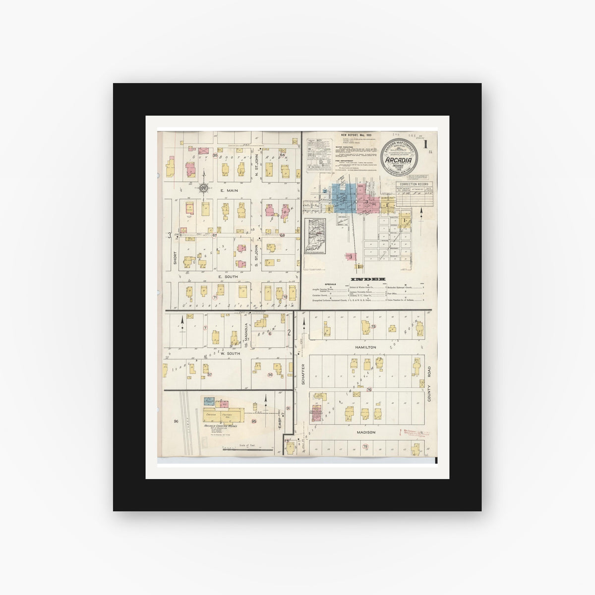 Old map wall art mockup — black gallery frame with white mat — Sanborn Fire Insurance Map from Arcadia, Hamilton County, Indiana (1933) - Complete Map Set