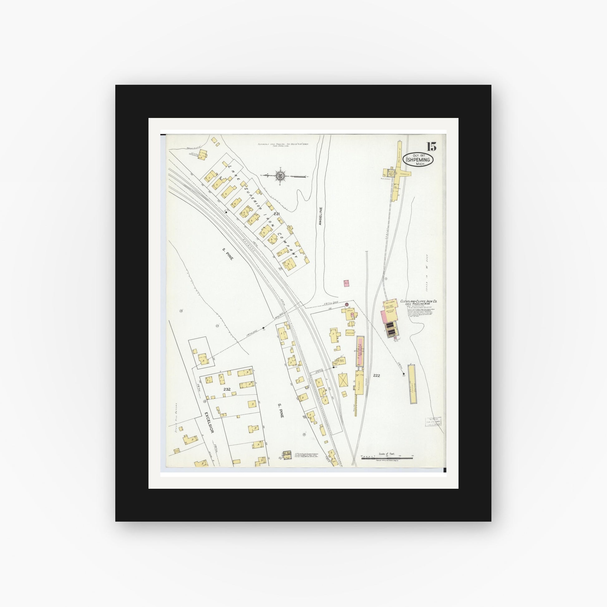 Old map wall art mockup — black gallery frame with white mat — Sanborn Fire Insurance Map from Ishpeming, Marquette County, Michigan (1917), Sheet #0015