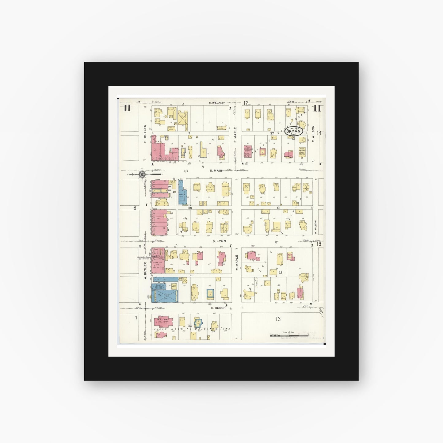 Old map wall art mockup — black gallery frame with white mat — Sanborn Fire Insurance Map from Bryan, Williams County, Ohio (1923), Sheet #0011