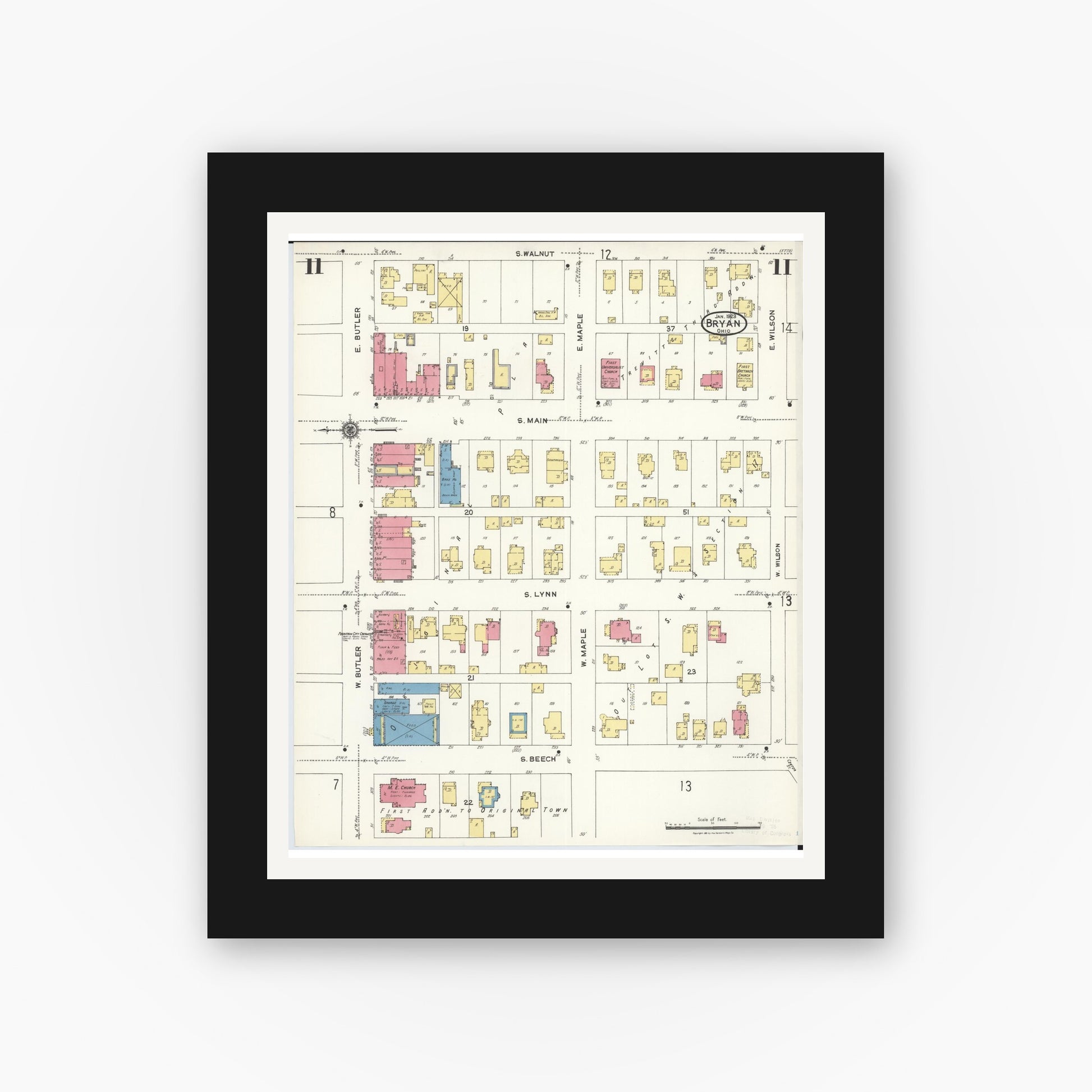 Old map wall art mockup — black gallery frame with white mat — Sanborn Fire Insurance Map from Bryan, Williams County, Ohio (1923), Sheet #0011