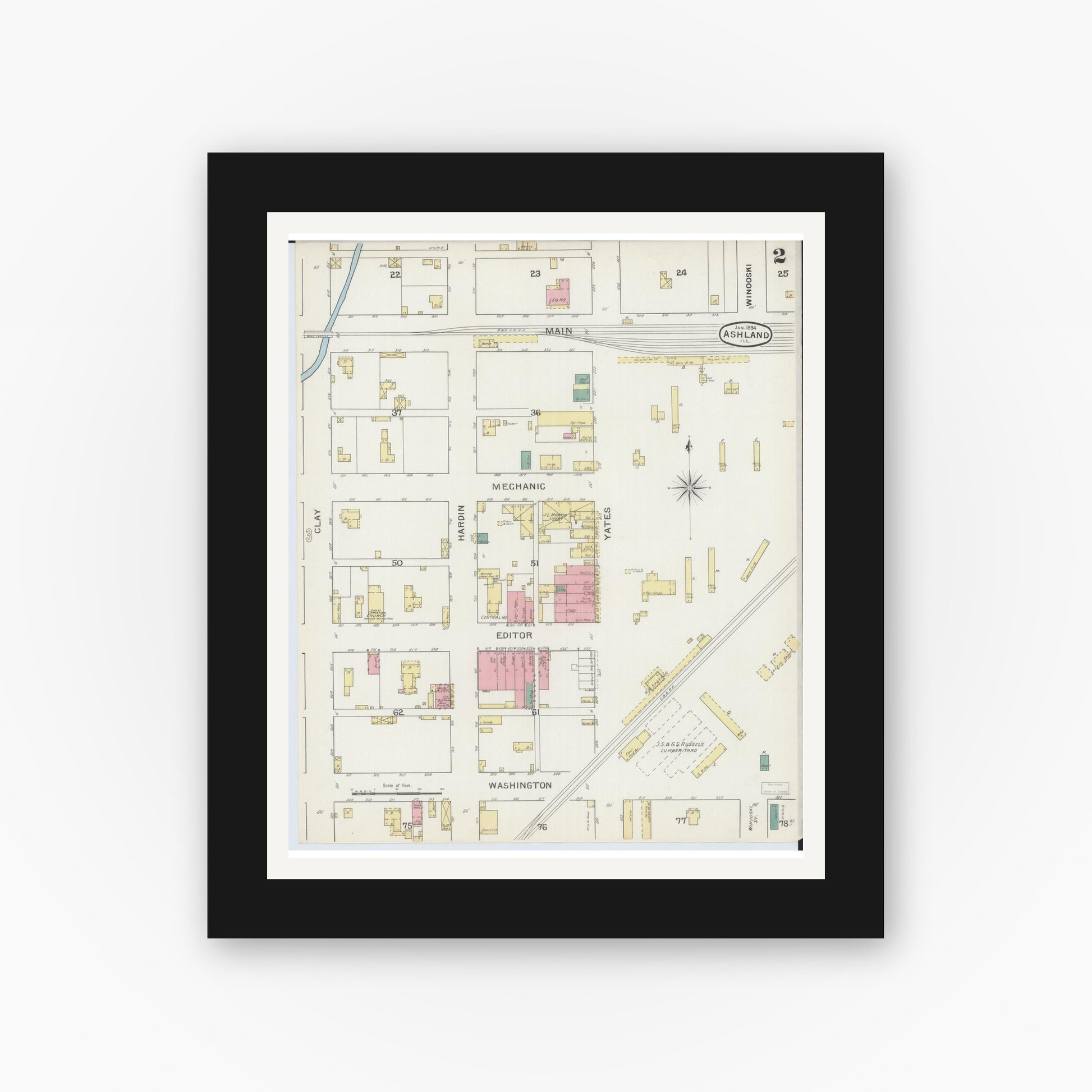 Old map wall art mockup — black gallery frame with white mat — Sanborn Fire Insurance Map from Ashland, Cass County, Illinois (1894), Sheet #0002