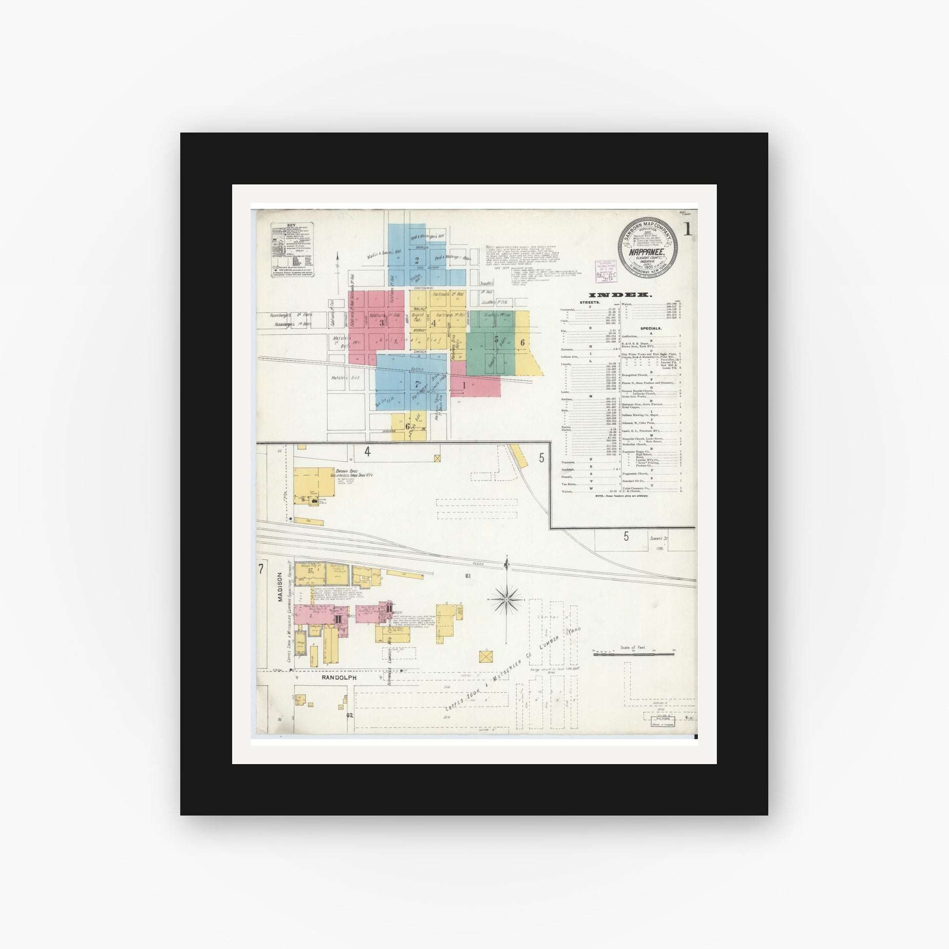 Old map wall art mockup — black gallery frame with white mat — Sanborn Fire Insurance Map from Nappanee, Elkhart County, Indiana (1905) - Complete Map Set