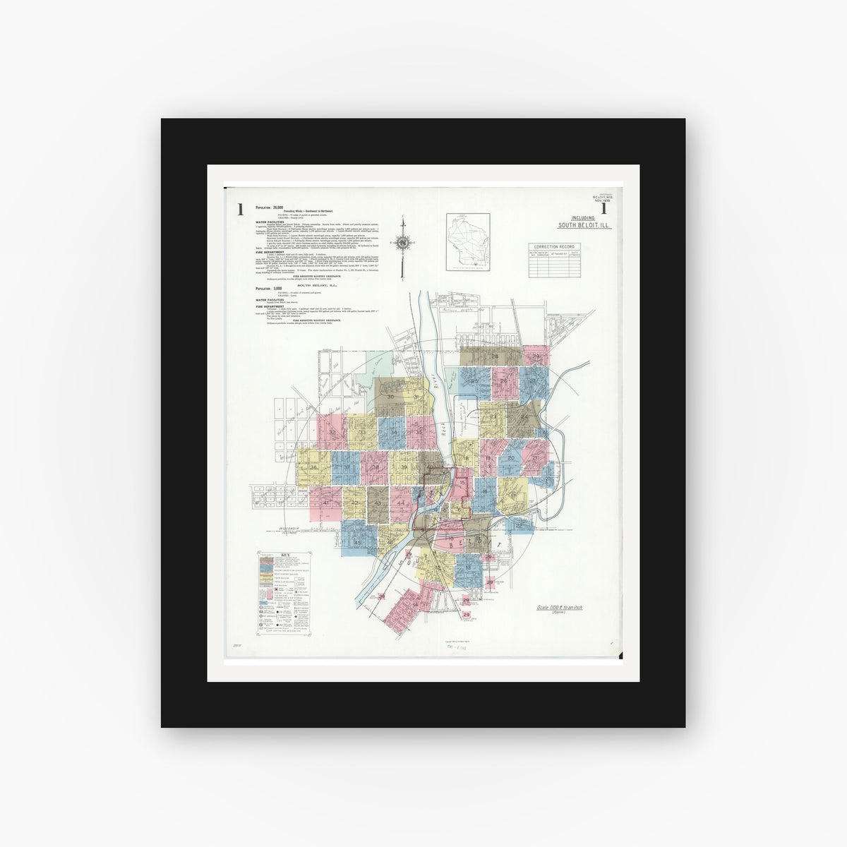 Old map wall art mockup — black gallery frame with white mat — Sanborn Fire Insurance Map from Beloit, Rock County, Wisconsin (1939), Sheet #0001
