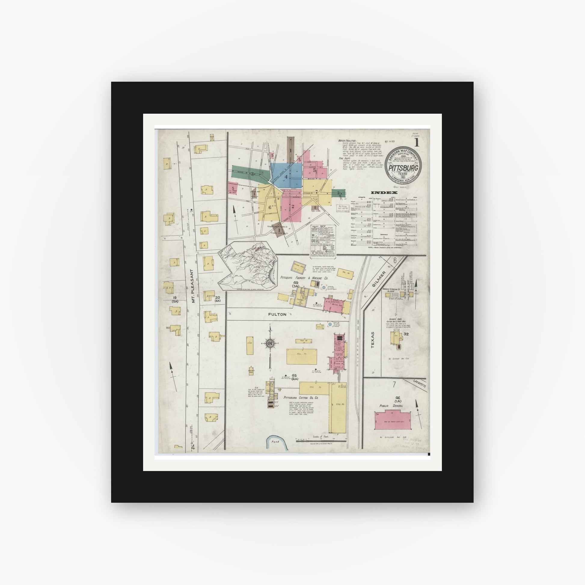 Old map wall art mockup — black gallery frame with white mat — Sanborn Fire Insurance Map from Pittsburg, Camp County, Texas (1921) - Complete Map Set