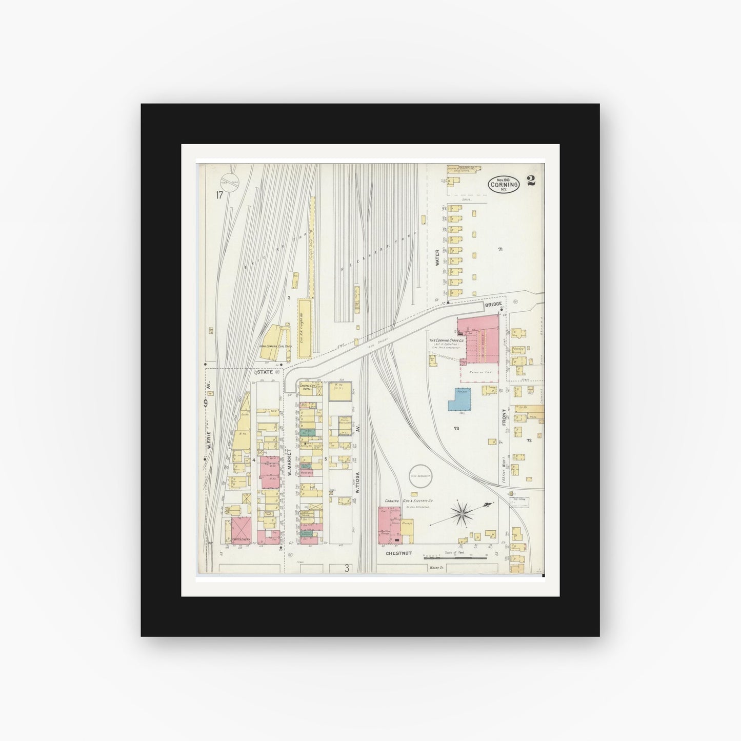 Old map wall art mockup — black gallery frame with white mat — Sanborn Fire Insurance Map from Corning, Steuben County, New York (1903) - Complete Map Set