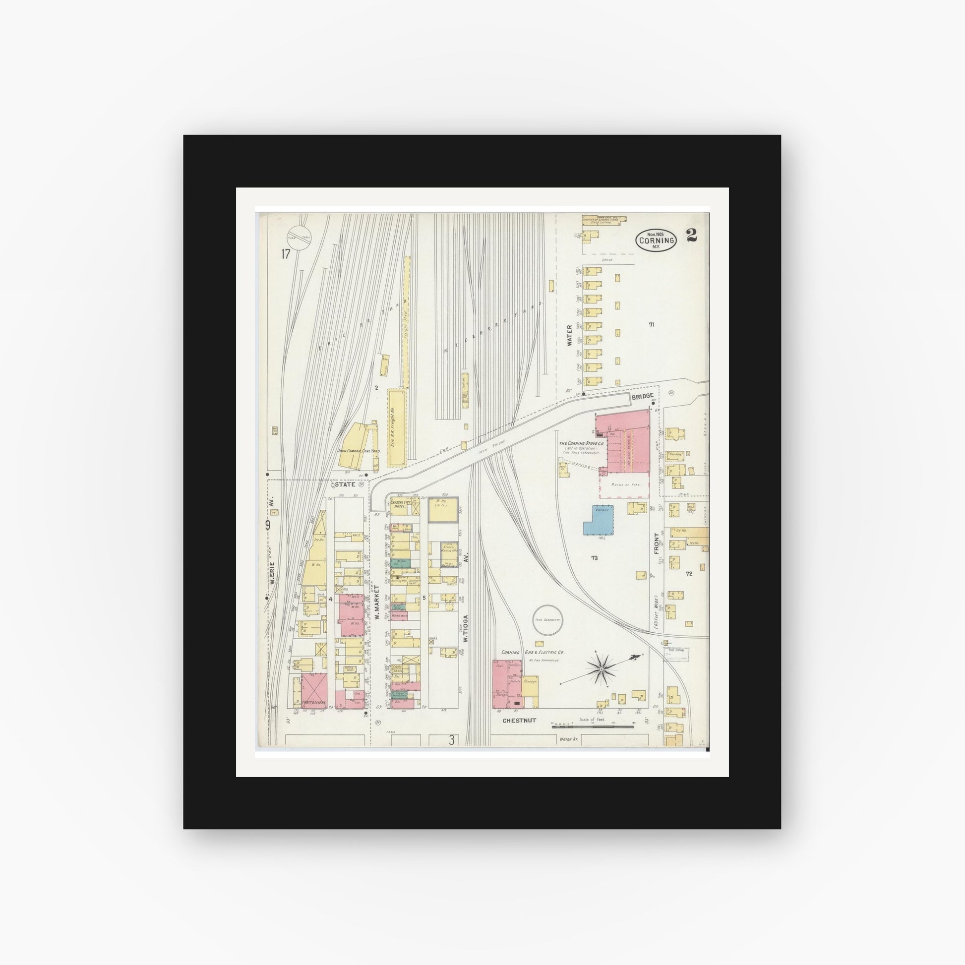 Old map wall art mockup — black gallery frame with white mat — Sanborn Fire Insurance Map from Corning, Steuben County, New York (1903) - Complete Map Set