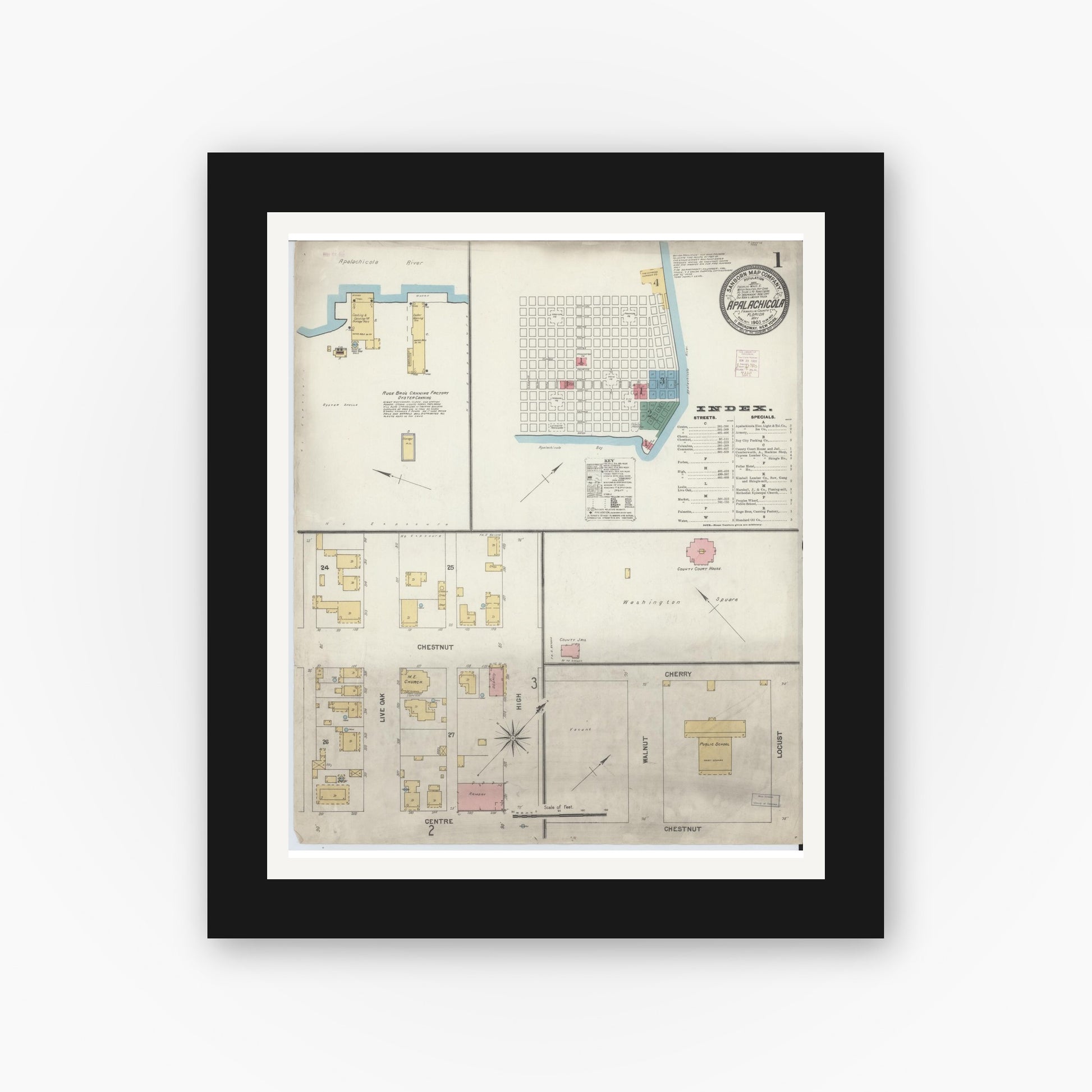 Old map wall art mockup — black gallery frame with white mat — Sanborn Fire Insurance Map from Apalachicola, Franklin County, Florida (1903) - Complete Map Set