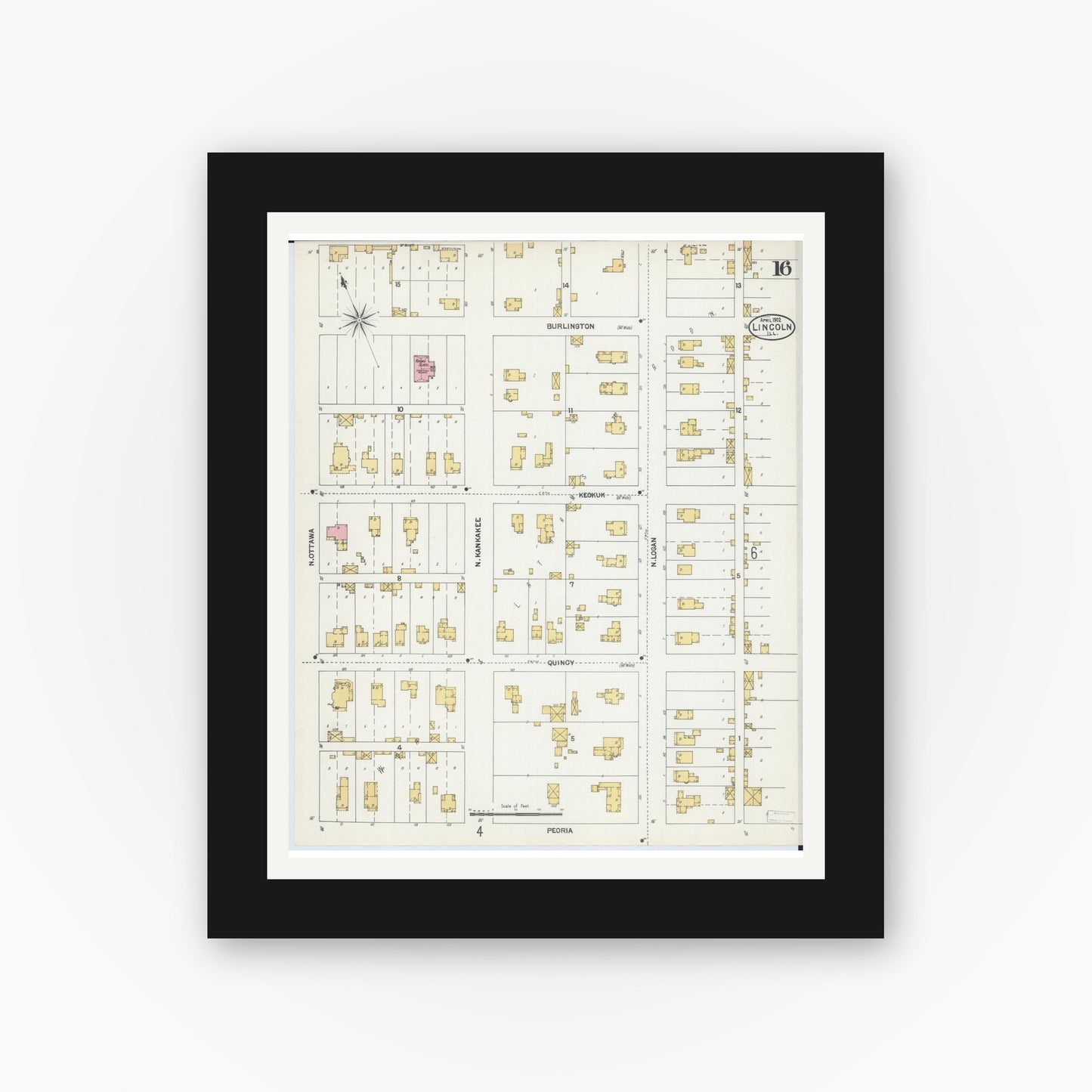 Old map wall art mockup — black gallery frame with white mat — Sanborn Fire Insurance Map from Lincoln, Logan County, Illinois (1902), Sheet #0016