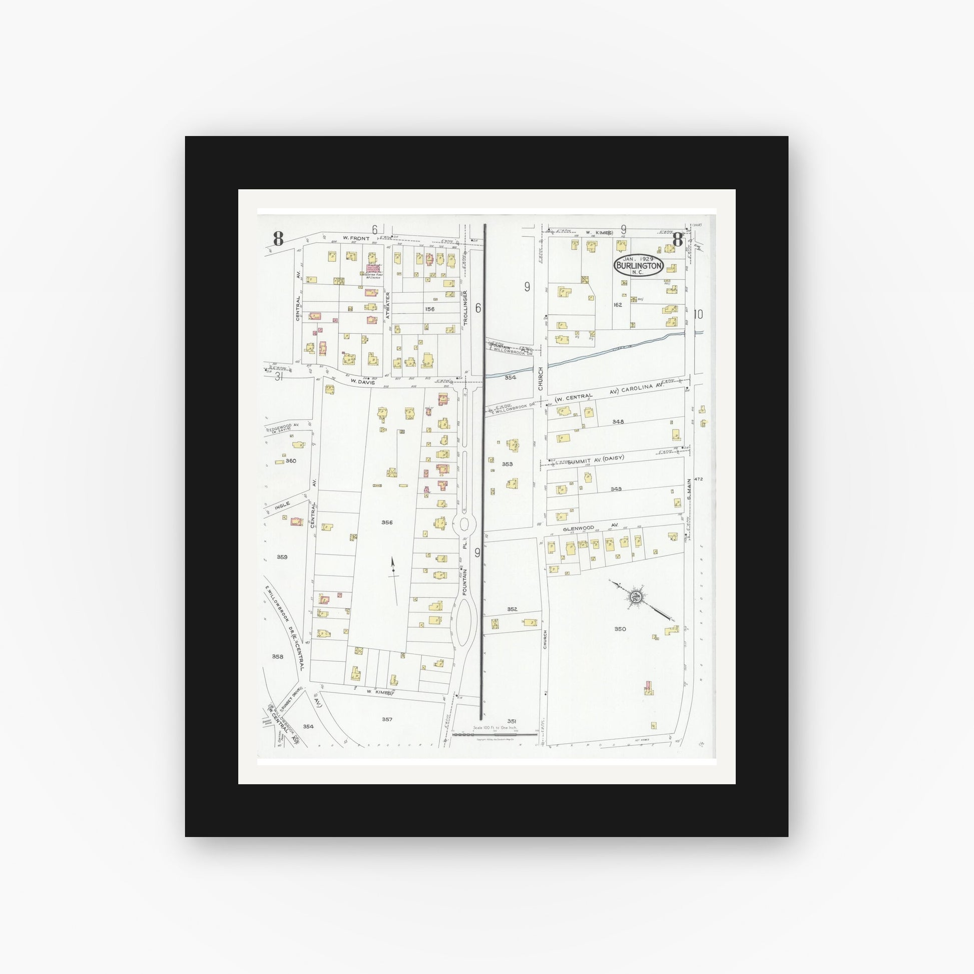 Old map wall art mockup — black gallery frame with white mat — Sanborn Fire Insurance Map from Burlington, Alamance County, North Carolina (1929), Sheet #0008