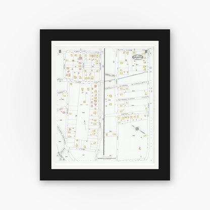 Old map wall art mockup — black gallery frame with white mat — Sanborn Fire Insurance Map from Burlington, Alamance County, North Carolina (1929), Sheet #0008
