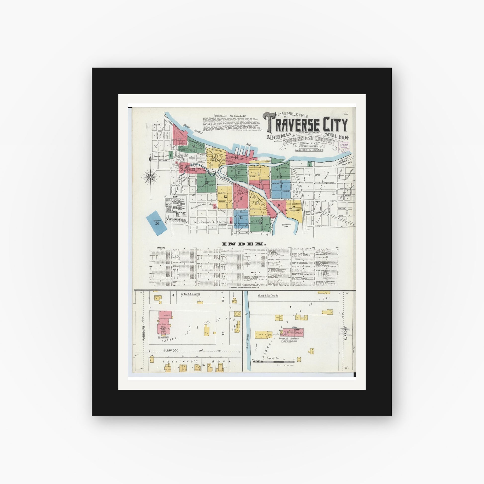 Old map wall art mockup — black gallery frame with white mat — Sanborn Fire Insurance Map from Traverse City, Grand Traverse County, Michigan (1904) - Complete Map Set