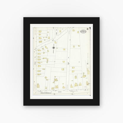 Old map wall art mockup — black gallery frame with white mat — Sanborn Fire Insurance Map from Patchogue, Suffolk County, New York (1910), Sheet #0008