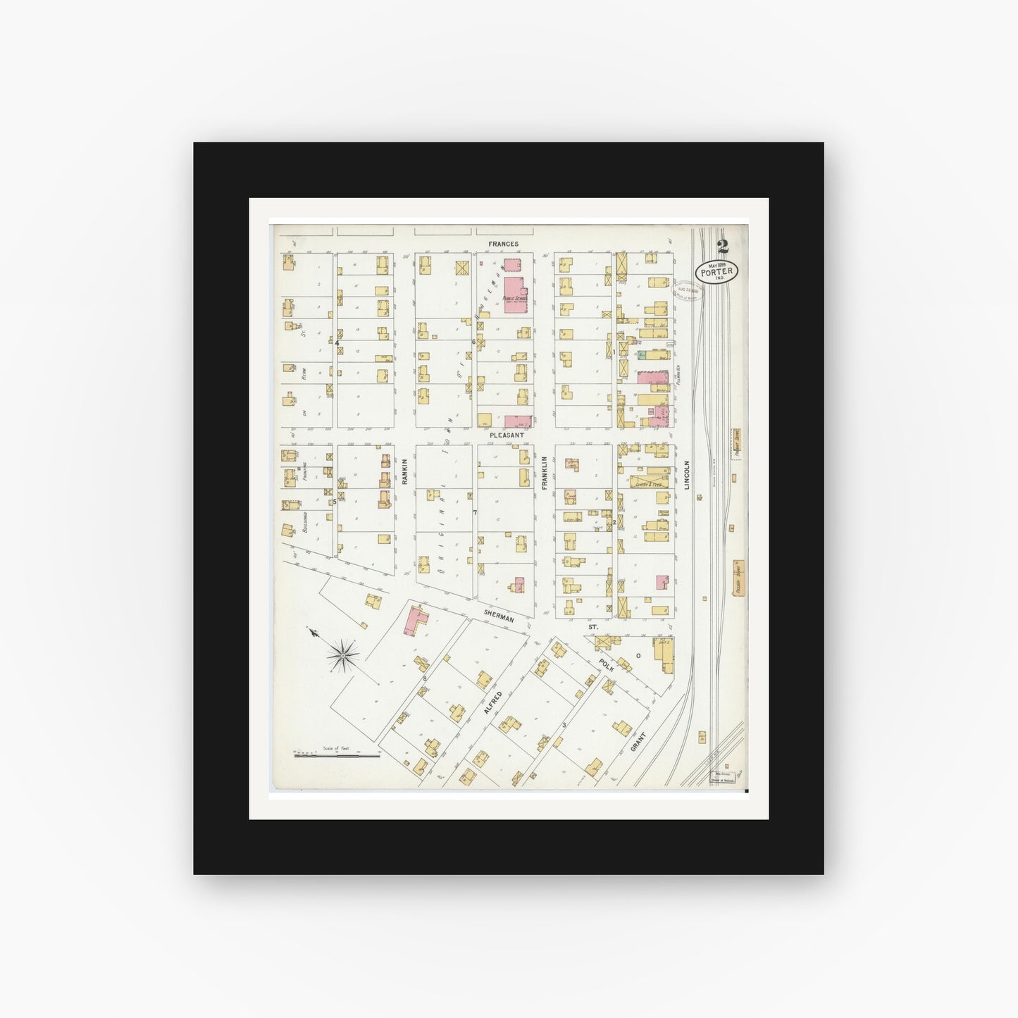 Old map wall art mockup — black gallery frame with white mat — Sanborn Fire Insurance Map from Porter, Porter County, Indiana (1899), Sheet #0002