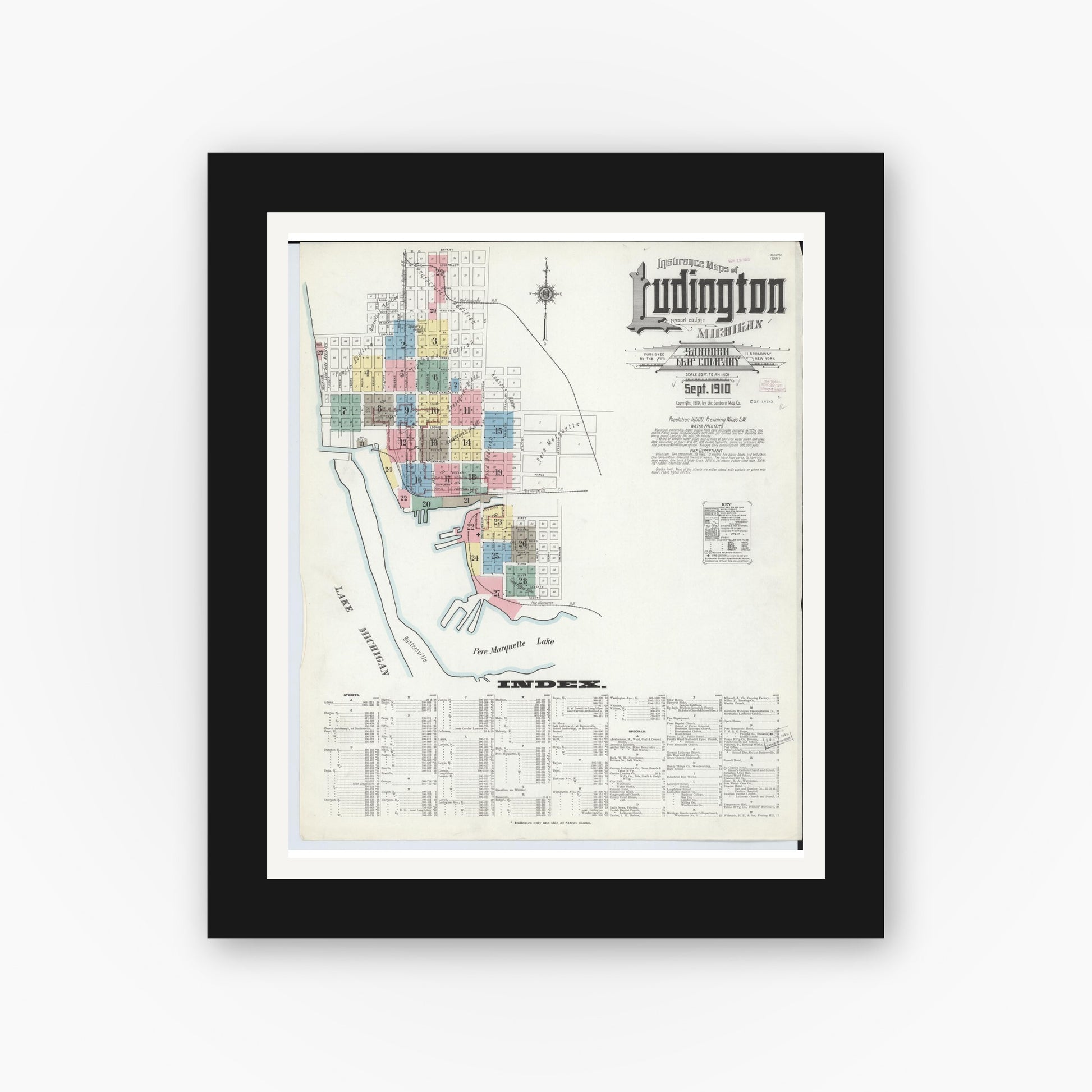 Old map wall art mockup — black gallery frame with white mat — Sanborn Fire Insurance Map from Ludington, Mason County, Michigan (1910) - Complete Map Set