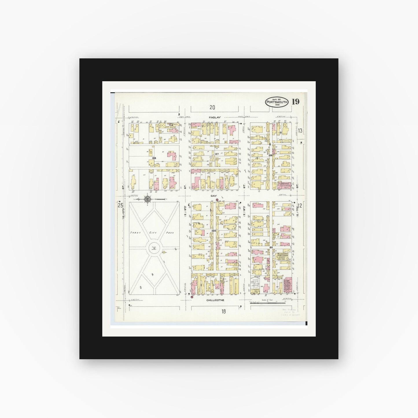 Old map wall art mockup — black gallery frame with white mat — Sanborn Fire Insurance Map from Portsmouth, Scioto County, Ohio (1911), Sheet #0019