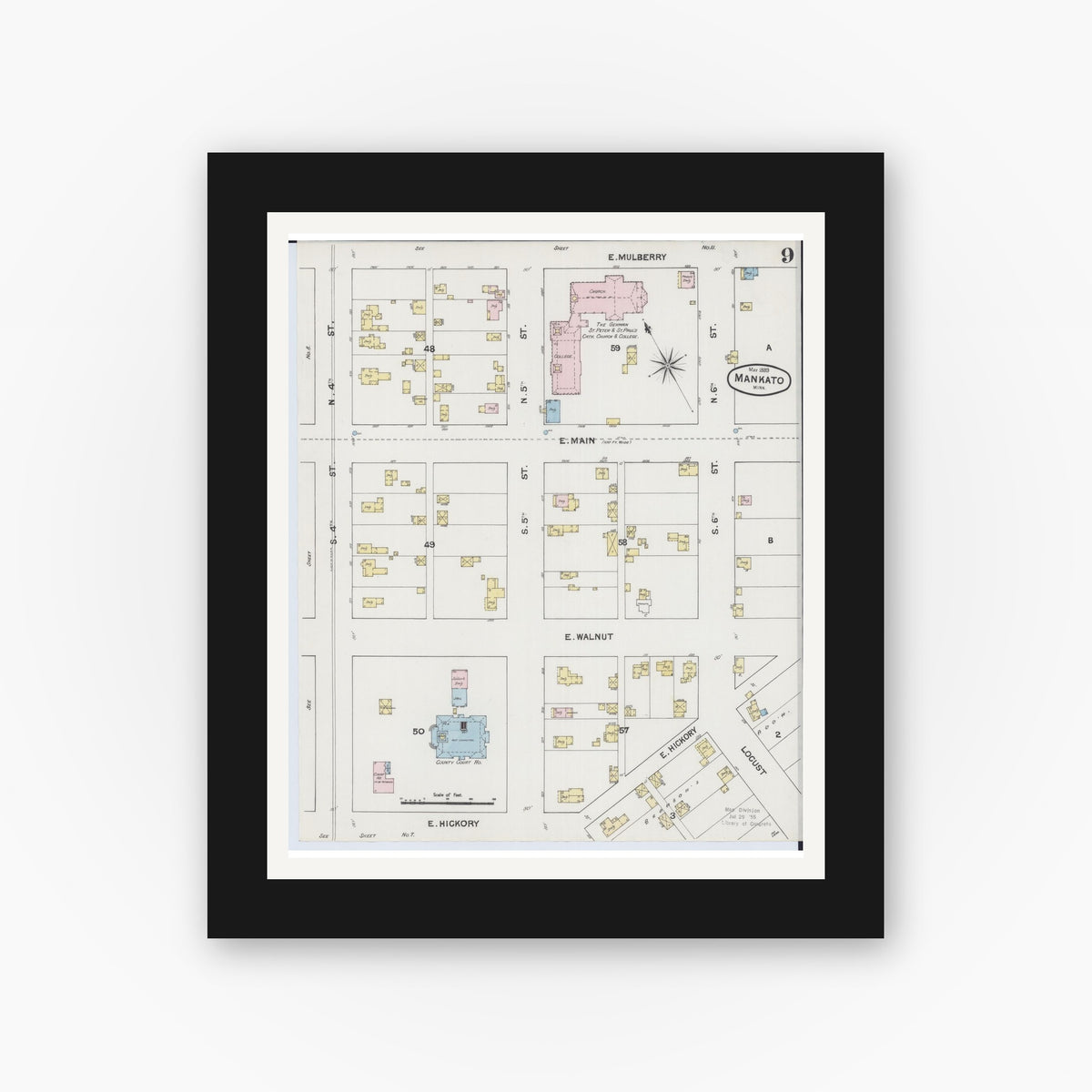 Old map wall art mockup — black gallery frame with white mat — Sanborn Fire Insurance Map from Mankato, Blue Earth County, Minnesota (1889), Sheet #0009