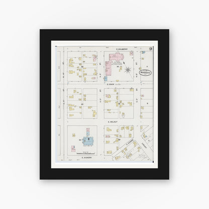 Old map wall art mockup — black gallery frame with white mat — Sanborn Fire Insurance Map from Mankato, Blue Earth County, Minnesota (1889), Sheet #0009