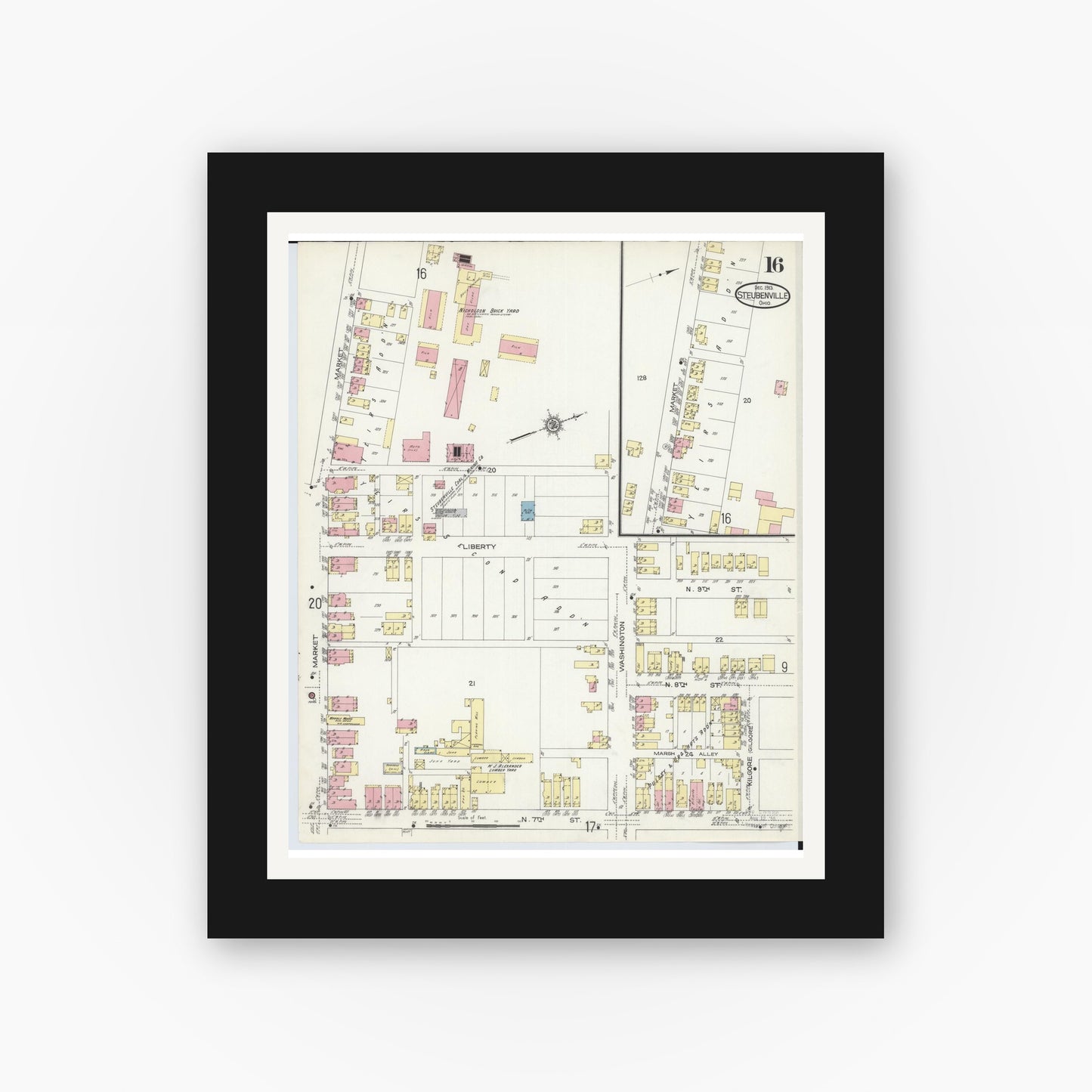Old map wall art mockup — black gallery frame with white mat — Sanborn Fire Insurance Map from Steubenville, Jefferson County, Ohio (1913), Sheet #0016