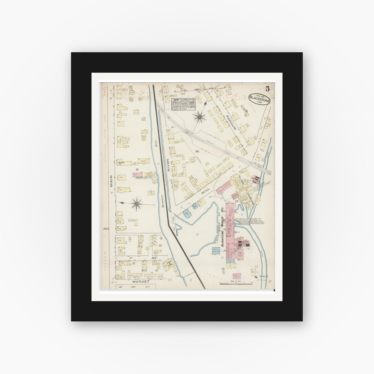 Old map wall art mockup — black gallery frame with white mat — Sanborn Fire Insurance Map from Blackstone, Worcester County, Massachusetts (1885), Sheet #0005