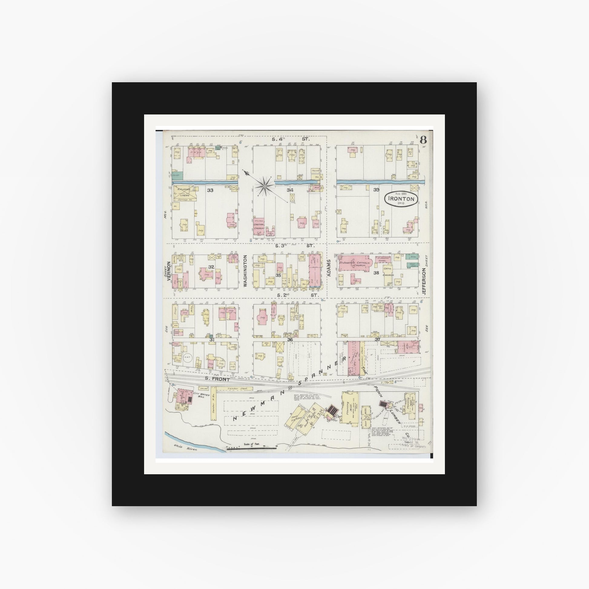 Old map wall art mockup — black gallery frame with white mat — Sanborn Fire Insurance Map from Ironton, Lawrence County, Ohio (1889), Sheet #0008