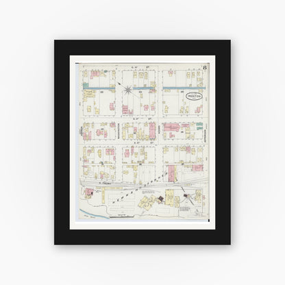Old map wall art mockup — black gallery frame with white mat — Sanborn Fire Insurance Map from Ironton, Lawrence County, Ohio (1889), Sheet #0008