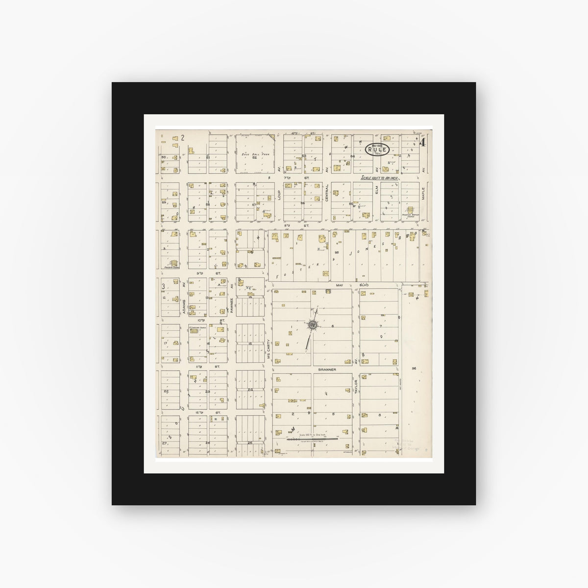 Old map wall art mockup — black gallery frame with white mat — Sanborn Fire Insurance Map from Rule, Haskell County, Texas (1922), Sheet #0004