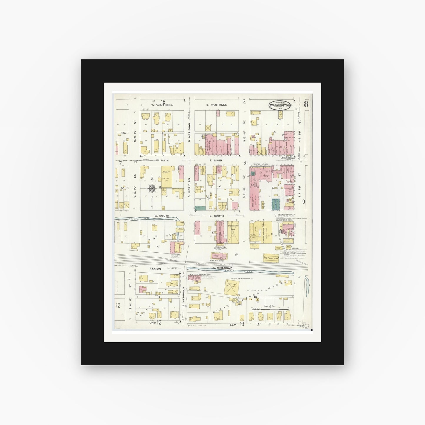 Old map wall art mockup — black gallery frame with white mat — Sanborn Fire Insurance Map from Washington, Daviess County, Indiana (1909), Sheet #0008