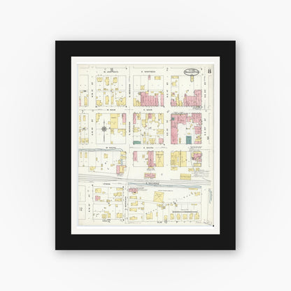Old map wall art mockup — black gallery frame with white mat — Sanborn Fire Insurance Map from Washington, Daviess County, Indiana (1909), Sheet #0008
