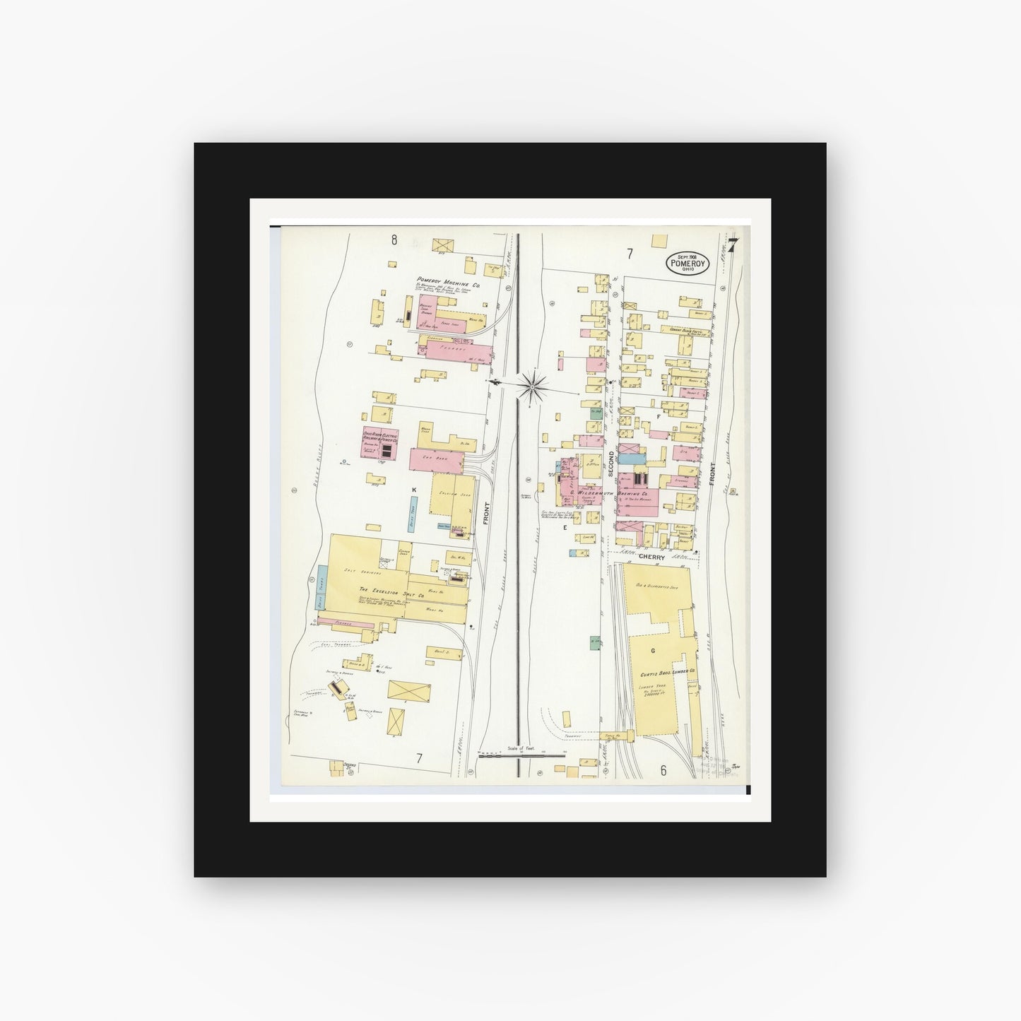 Old map wall art mockup — black gallery frame with white mat — Sanborn Fire Insurance Map from Pomeroy, Meigs County, Ohio (1908), Sheet #0007