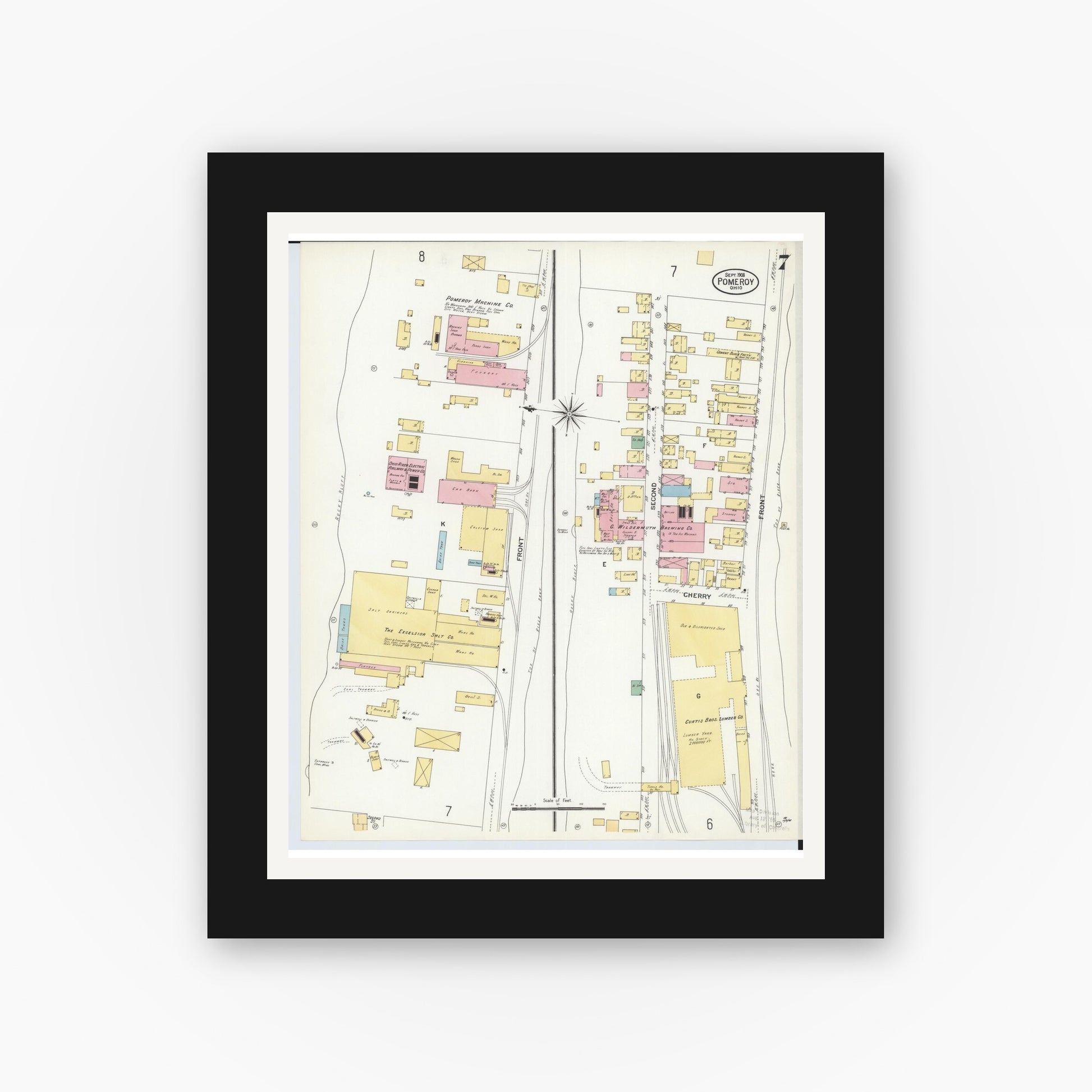 Old map wall art mockup — black gallery frame with white mat — Sanborn Fire Insurance Map from Pomeroy, Meigs County, Ohio (1908), Sheet #0007