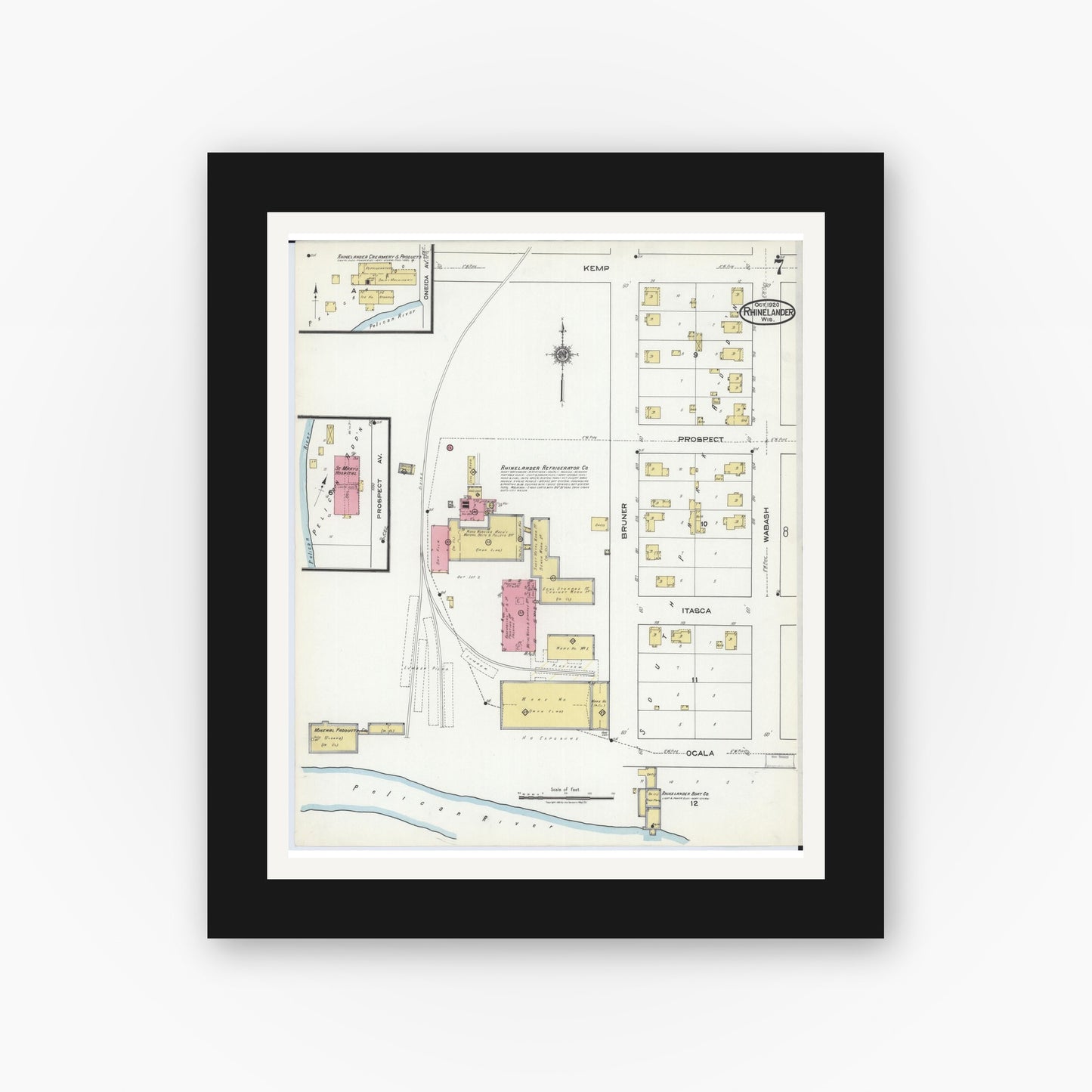 Old map wall art mockup — black gallery frame with white mat — Sanborn Fire Insurance Map from Rhinelander, Oneida County, Wisconsin (1920), Sheet #0007
