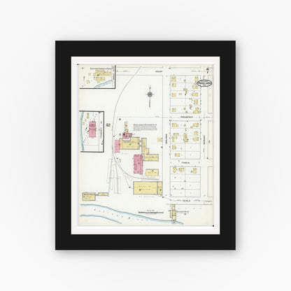 Old map wall art mockup — black gallery frame with white mat — Sanborn Fire Insurance Map from Rhinelander, Oneida County, Wisconsin (1920), Sheet #0007