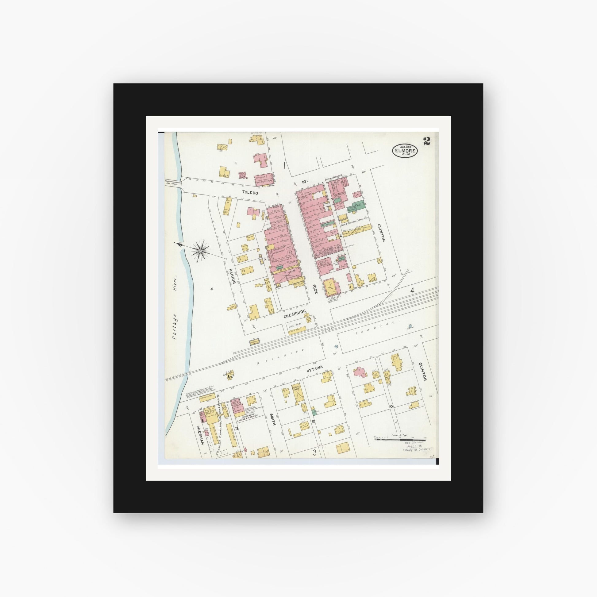 Old map wall art mockup — black gallery frame with white mat — Sanborn Fire Insurance Map from Elmore, Ottawa County, Ohio (1904), Sheet #0002
