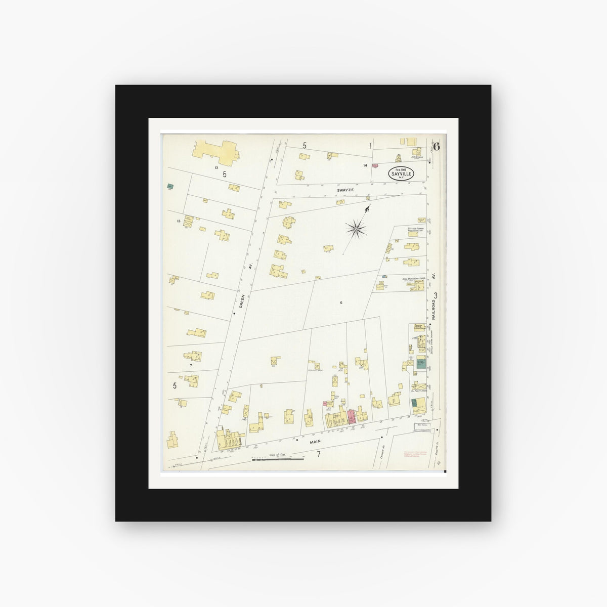 Old map wall art mockup — black gallery frame with white mat — Sanborn Fire Insurance Map from Sayville, Suffolk County, New York (1909), Sheet #0006
