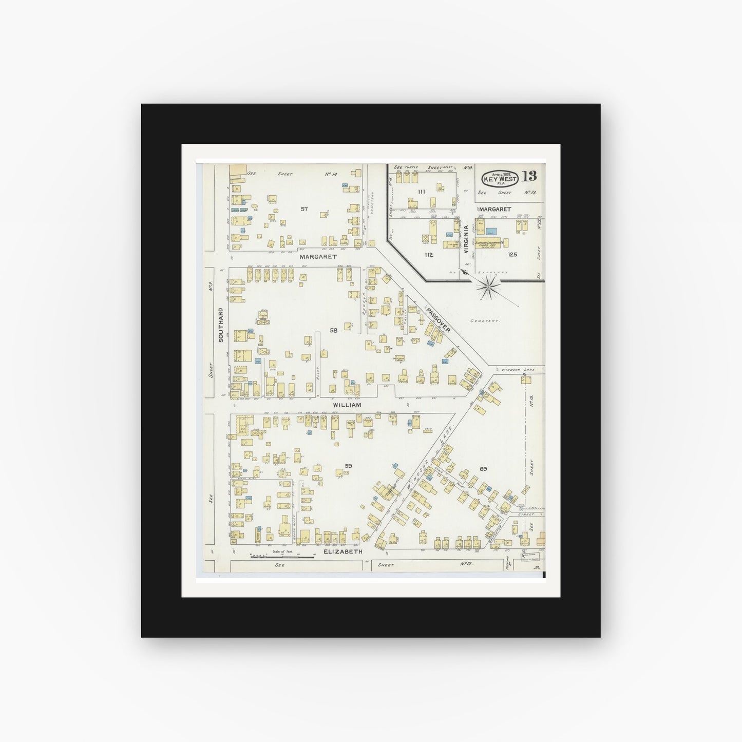 Old map wall art mockup — black gallery frame with white mat — Sanborn Fire Insurance Map from Key West, Monroe County, Florida (1892), Sheet #0013