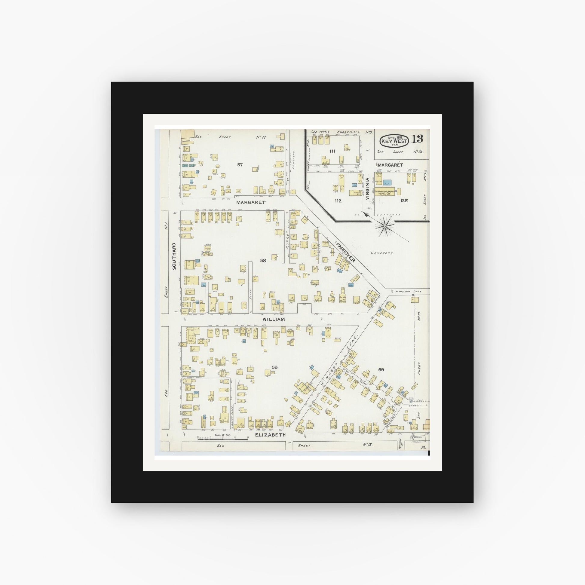 Old map wall art mockup — black gallery frame with white mat — Sanborn Fire Insurance Map from Key West, Monroe County, Florida (1892), Sheet #0013