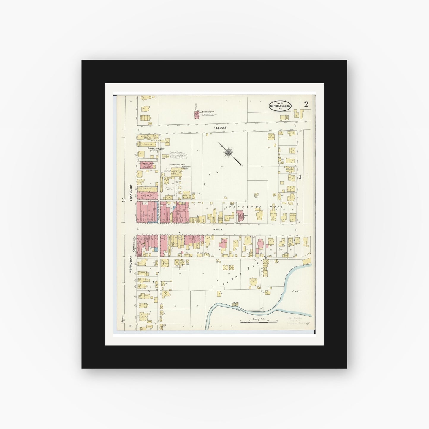 Old map wall art mockup — black gallery frame with white mat — Sanborn Fire Insurance Map from Mechanicsburg, Champaign County, Ohio (1911), Sheet #0002